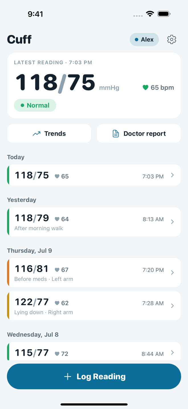 Home screen: latest reading card and color-coded history