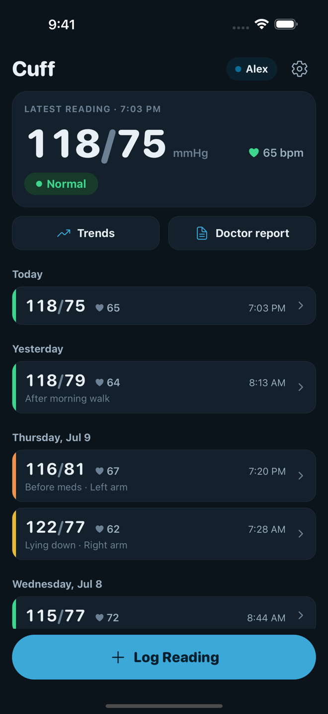 Home screen in dark mode
